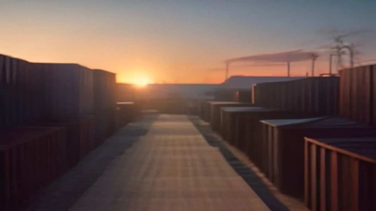 over-the-shoulder view of a shipping container yard at golden hour with cranes in the background — illustrative photograph for this article